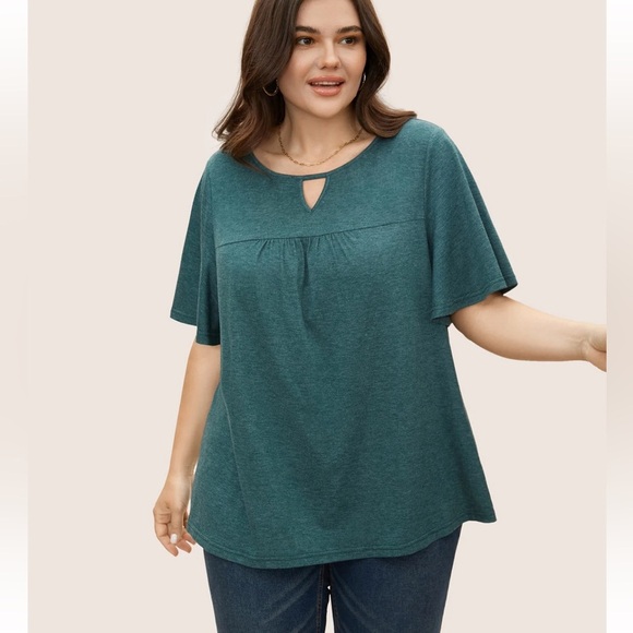 BloomChic Plain Ruffle Sleeve Keyhole Gathered Crew Neck T-shirt us14 - Picture 1 of 8